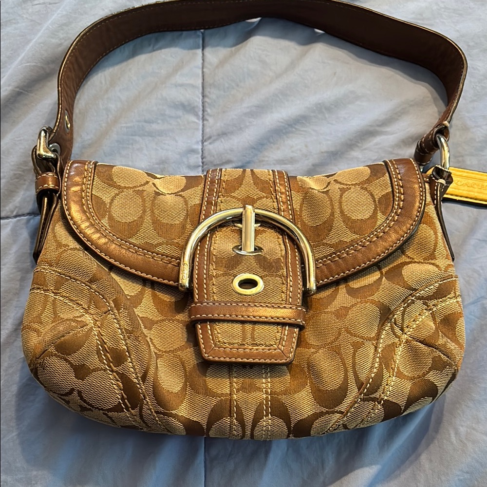 Vintage Coach Brown Leather Shoulder Bag with Signature Monogram previously used